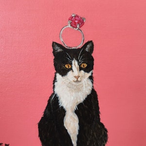 The Proposal, Cat kitty ruby ring painting, original animal painting, animal portrait, red painting, animal art, home décor, 20-20cm