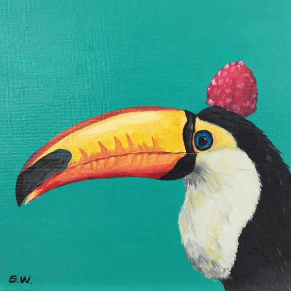 The Red Ridding Hood, toucan bird raspberry painting, original animal painting, animal portrait, green, animal art, home decor, 20*20cm