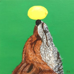 Pintura de raposa, "Fly me to the moon", pintura animal original, pintura verde, decoração de casa, pintura de berçário, 20*20cm