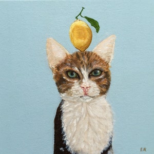Pintura de limão de gato, pintura animal original, pintura azul, arte animal, decoração de casa, pintura de berçário, 20*20cm