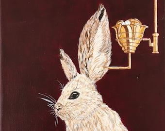 Obraz akrylowy „Królik”, oryginalna sztuka zwierzęca, bordowy, Fine Art (20 x 20 cm)
