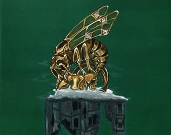 Obraz akrylowy „Złota pszczoła”, kwiatowy pejzaż miejski, oryginalne dzieło sztuki (20 x 20 cm)