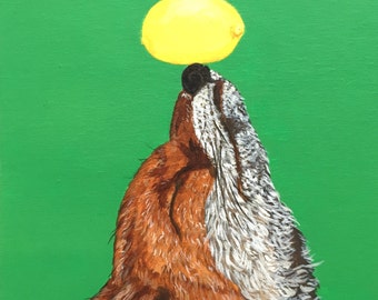 Obraz „Lis i cytryna”, oryginalna akrylowa sztuka przedstawiająca zwierzęta, zielona dekoracja domu (20 x 20 cm)