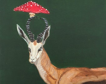 オリジナルの鹿とキノコのアクリル画、動物アート（20 x 20 cm）