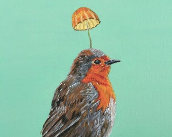 Obraz „Ptak z grzybem”, oryginalna sztuka akrylowa przedstawiająca zwierzę, 20 x 20 cm