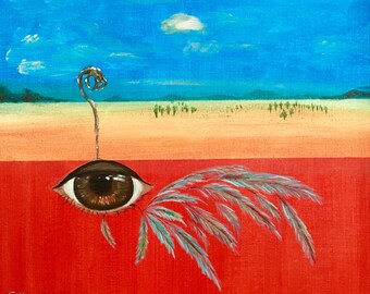 Surrealistyczny obraz akrylowy z piórem ptaka, oryginalna sztuka na płótnie (20 x 20 cm)