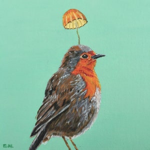 O país das maravilhas, pintura de cogumelo pássaro, retrato de pássaro, pintura animal original, pintura verde, arte animal, decoração de casa, 20*20cm