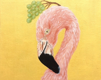 Obraz „Flamingo z winogronami”, oryginalna sztuka zwierzęca, 20 x 20 cm