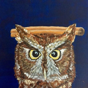 Pintura de coruja de canela, pintura de coruja, pintura animal original feita à mão, pintura azul, arte animal, decoração de casa, 20*20cm