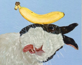 Królik z bananem, oryginalna sztuka zwierzęca, 20 x 20 cm