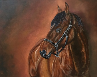 Portret konia, sztuka zwierzęca, brązowy obraz olejny (30 x 40 cm)