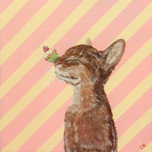 Pintura de gato cupcake, pintura animal original, pintura rosa, arte animal, acrílico feito à mão sobre tela, decoração de casa, 20*20cm