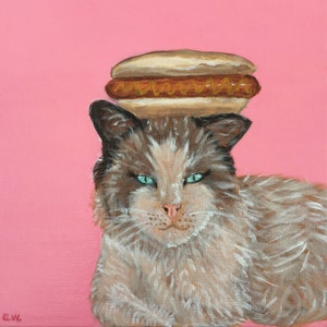 Em busca de um cachorro-quente, pintura de cachorro-quente de gatinho, pintura animal original, retrato de animal, pintura rosa, arte animal, decoração de casa, 20*20cm