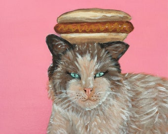 Obraz „Kot i hotdog”, oryginalny portret zwierzęcia, różowy wystrój domu (20 x 20 cm)