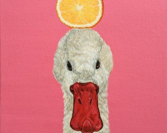 Kaczka z pomarańczowym obrazem akrylowym, oryginalna sztuka zwierzęca (20 x 20 cm)
