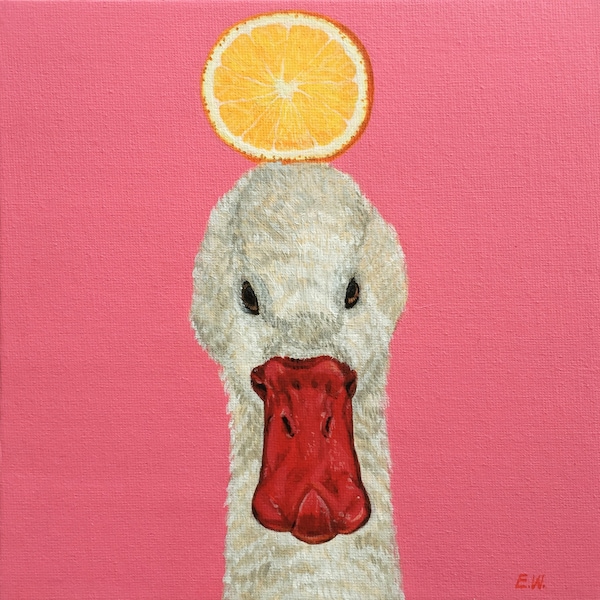 Duck with Orange Acrylic Painting, Original Animal Art (20x20cm)