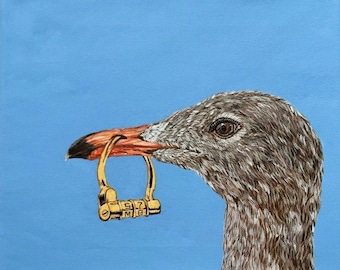 Obraz akrylowy „Mewa”, bransoletka ze złotym zamkiem, portret ptaka (30 x 25 cm)