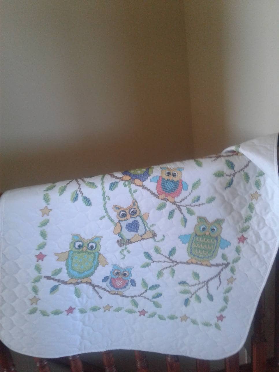 Whimsical Owl Cross Stitched Blanket, Crib Cover, Lap Quilt
