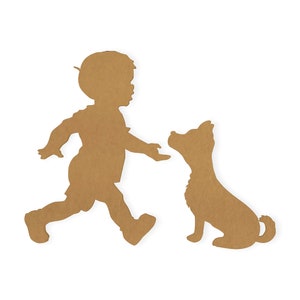Menino e cachorro - recorte, decoração de berçário, presente para amantes de animais de estimação, decoração de casa, arte para cães, corte em papelão de qualidade, disponível de 5 a 42 polegadas