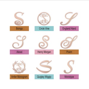 May include: Nine different styles of the letter "S" in a rose gold color. The styles include a circle vine, a script font, and an antler monogram.