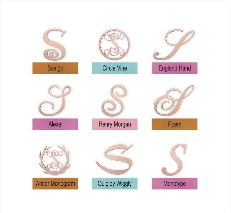 May include: Nine different styles of the letter "S" in a rose gold color. The styles include a circle vine, a script font, and an antler monogram.