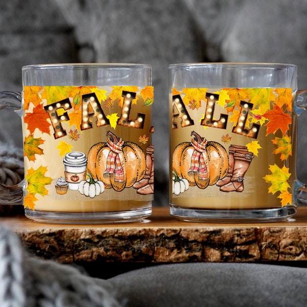 Fall Glass Coffee Mug | Fall Season Mug | Falling Leaves Mug | Autumn Tea Mug | Crisp Morning | Pumpkin Season |