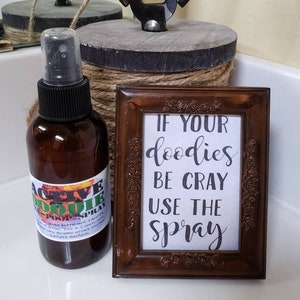 May include: A brown glass bottle with a black spray nozzle and a label that reads "ACTIVE POODIE POOP SPRAY" sits next to a framed sign that says "IF YOUR doodieS BE CRAY USE THE SPRAY". Decorative scissors are in the background.