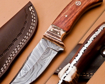 Handmade Damascus Steel Hunting Knife: Red Deer Horn & Wood Handle, Leather Sheath