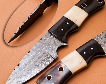 Custom Hand Forged Damascus Steel  Hunting Knife W/Leather Sheath