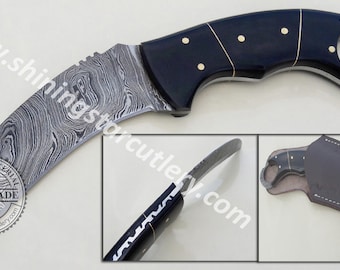 Hand Forged Damascus Steel Karambit Knife, Black Horn Handle, W/Sheath