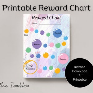 May include: Printable reward chart with a colorful bubble theme. The chart has a space for a name, a start bubble, and several reward bubbles. The chart is on a watercolor background with a pink, blue, and purple color scheme.