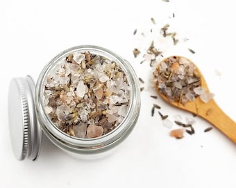 Lavender Bath Salts with Himalayan Pink Salt and Dead Sea Salt in a Reusable Glass Jar, Lavender Herb Flower Soak with Essential Oil