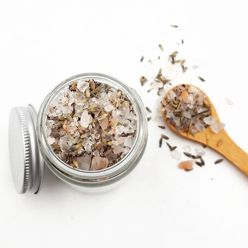 Lavender Bath Salts with Himalayan Pink Salt and Dead Sea Salt in a Reusable Glass Jar, Lavender Herb Flower Soak with Essential Oil image 1