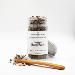 Lavender Bath Salts with Himalayan Pink Salt and Dead Sea Salt in a Reusable Glass Jar, Lavender Herb Flower Soak with Essential Oil image 4