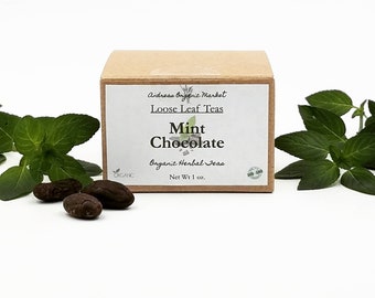 Organic Chocolate Mint Loose Leaf Tea Blend with Raw Cacao Nibs and Black Tea Leaf in Eco Friendly Compostable Packaging