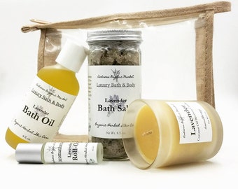 Organic Lavender Spa Set, Aromatherapy Gift for Her, Eco Friendly Pamper Set, Bath & Body Gift Set in a Cosmetic Bag