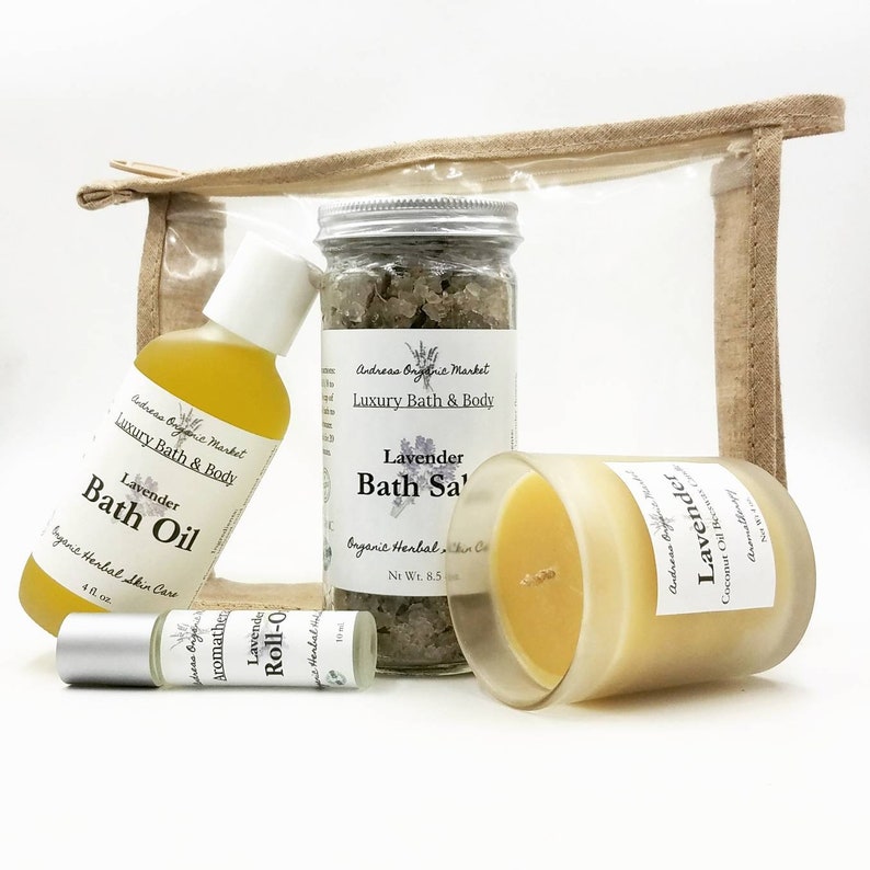 Organic Lavender Spa Set, Aromatherapy Gift for Her, Eco Friendly Pamper Set, Bath & Body Gift Set in a Cosmetic Bag image 1