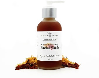Organic Calendula & Rose Hip Facial Wash for All Skin Types, Natural Liquid Unscented Facial Cleanser, Herbal, Eco Friendly