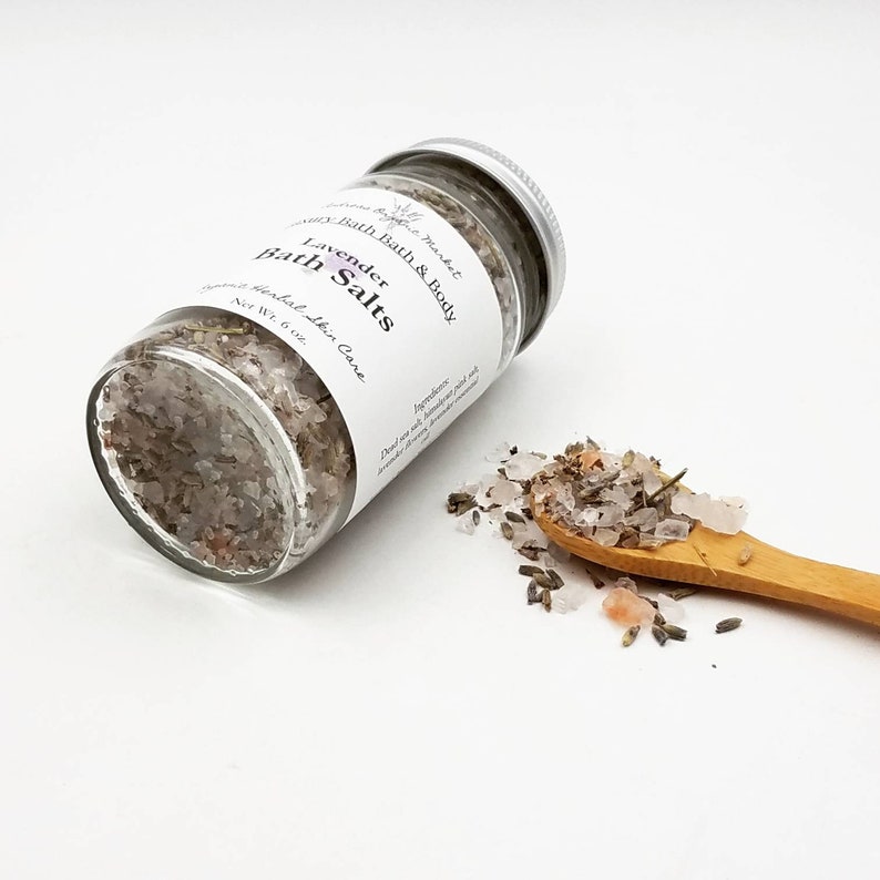 Lavender Bath Salts with Himalayan Pink Salt and Dead Sea Salt in a Reusable Glass Jar, Lavender Herb Flower Soak with Essential Oil image 5