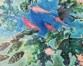 Koi fish swimming in pond with water lilies oil painting print blank stationery notecard greeting card 4 x 6 and 5 x 7 sizes