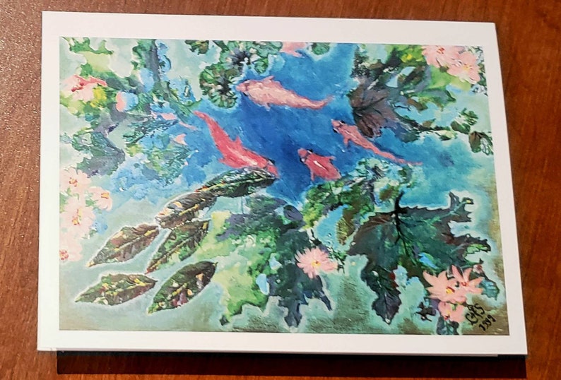 Koi fish swimming in pond with water lilies oil painting print blank stationery notecard greeting card 4 x 6 and 5 x 7 sizes