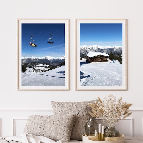 Printable Set of 2 - Chair Lift and Hut, Digital Download, Winter Landscape Wall Art Print, Travel Poster, Last Minute Ski Gift, Instant Art