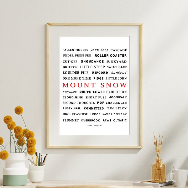 Printable Mount Snow Vermont Ski Resort Trail Names - Digital Download, Winter Sport Wall Art, Ski Home Decor, Last Minute Gift for Skiers