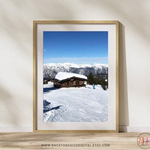 Printable Ski Hut in the Alps, Digital Download, Winter Landscape Wall Art, Mountain Poster, Ski Home Decor, Last Minute Ski Gift, Ski Print