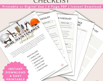 Lista de verificación de mantenimiento del hogar imprimible, tareas semanales, mensuales y estacionales, registro de mantenimiento de la casa, descarga PDF rellenable, herramienta para propietarios.