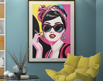Pop Art Girl and Sunglasses – Bold Fashion Wall Art, Instant Download, Retro Aesthetic Print, Colorful Vintage Digital Art for Home & Office