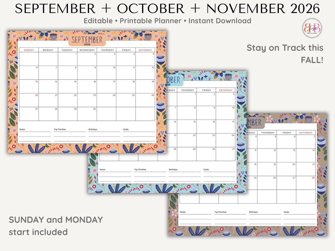 2026 Fall Calendar - Fillable, Printable Monthly Planner, Sunday ...