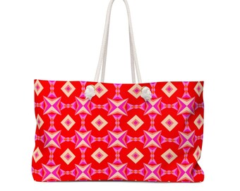 Red and Pink Pattern Abstract Weekender Bag, Yoga Bag, Beach Bag, Oversized Gym Bag, Large Canvas Bag with Rope Handle, Fun Birthday Bag