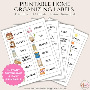 Juego de etiquetas imprimibles para ordenar / Almacenamiento de cocina / 4 páginas, 48 etiquetas para organizar el hogar / Compatible con Avery 61502 / Etiquetas minimalistas para despensa y contenedores