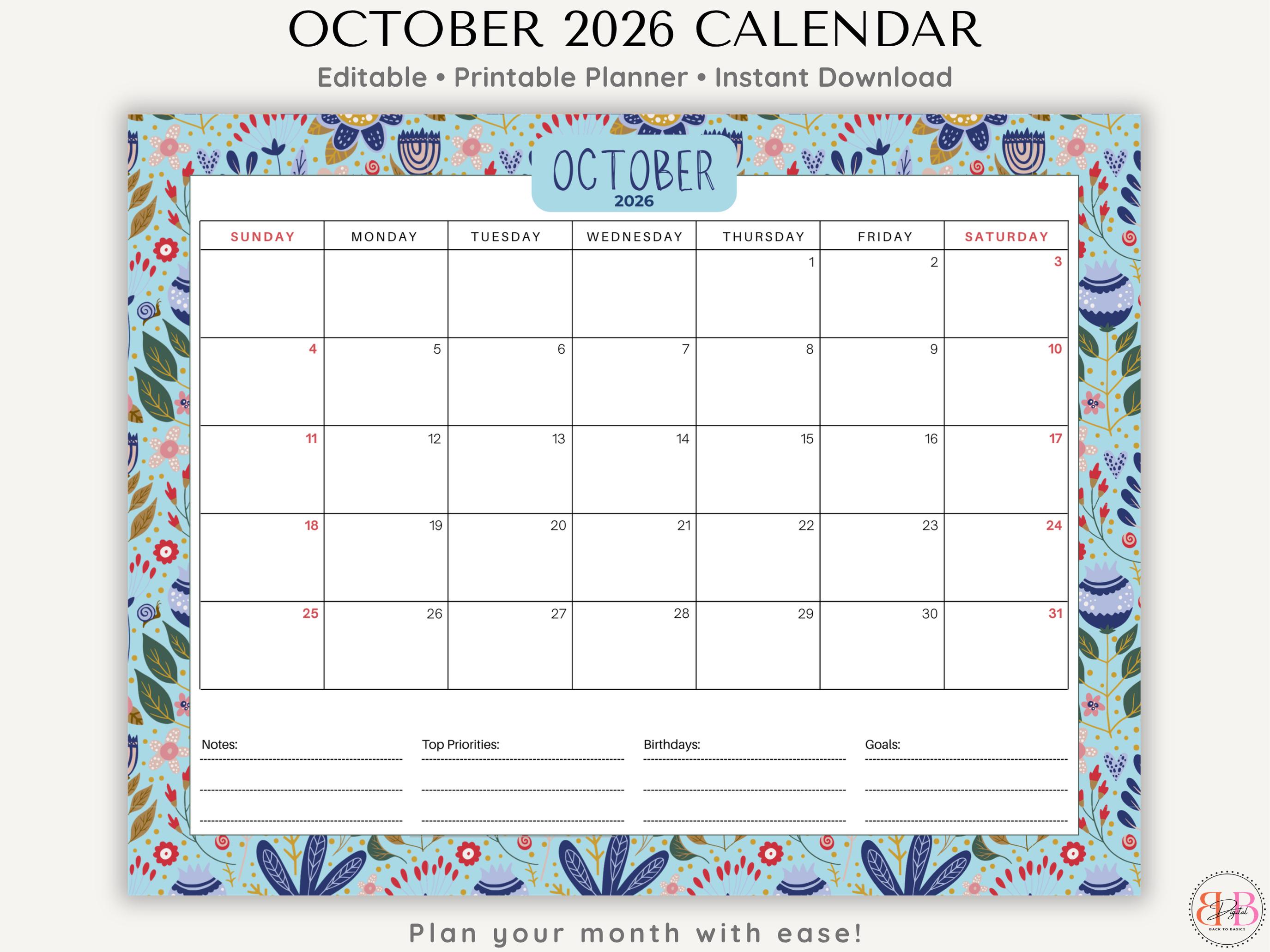 October 2026 Calendar - Fillable & Printable Monthly Planner, PDF and